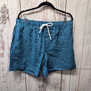 PIOMBO Men Beachwear Swim Trunks XXL Blue Checkered Drawstring Shorts seersucker